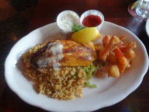 Blackened catfish with fried shrimp and dirrttty rice