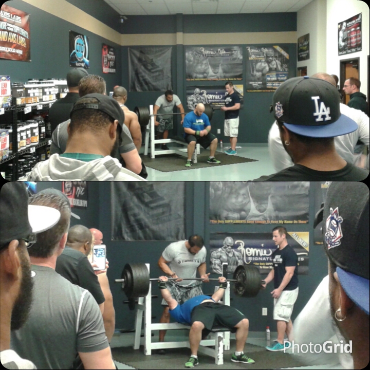 Benchpress contest at Discount Sports Nutrition. Participants had to bring canned goods and sign up. This guy bench pressed over 500lbs!