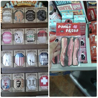 Quirky labeled flasks and a wide assortment of bacon scented items